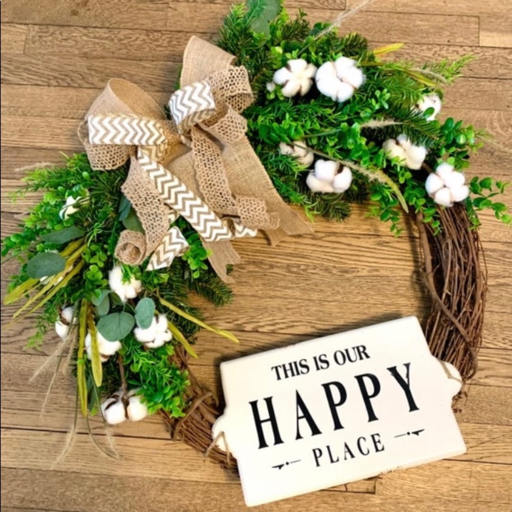 Beautiful door wreath - made to order! Aluminum sign included “our happy place”